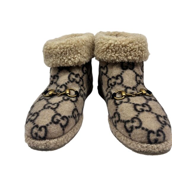 Gucci GG Monogram Wool Shearling Boots Beige Tan Women’s Size EUR 39.5 Horsebit - Picture 11 of 16